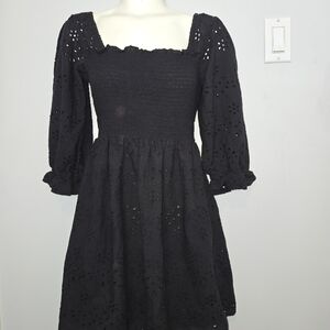 Rebellion Black Eyelet Smocked Square-Neck Dress